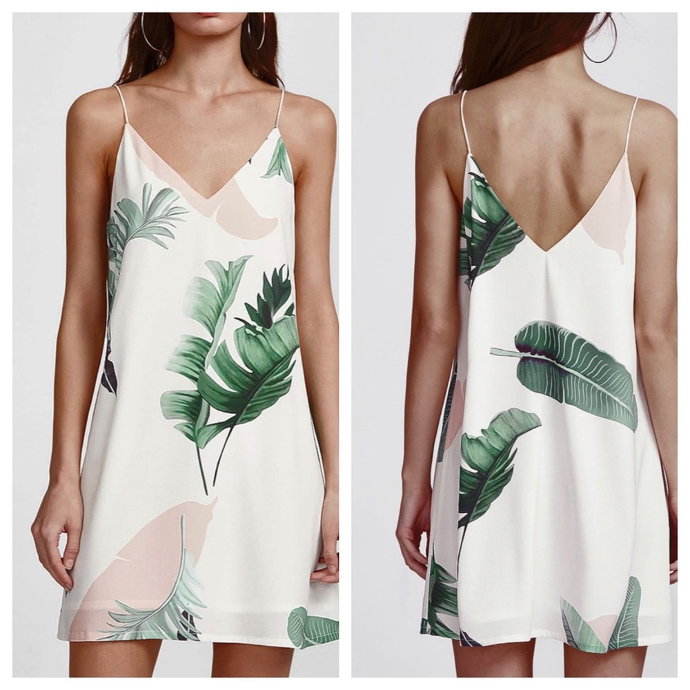 Tropical Leaf Print Mini Slip Dress - White/Green